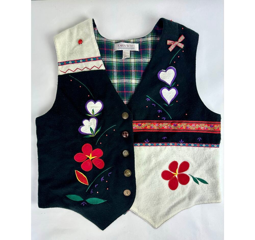 VTG Karen Scott Beaded Embroidered Vest Women L Felt Grannycore Boho Folk Floral
